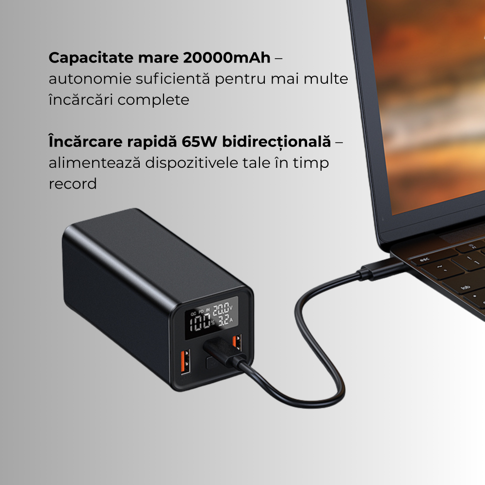 Baterie externa 20000mAh 65W laptop | USB-C & USB-A Negru [2]