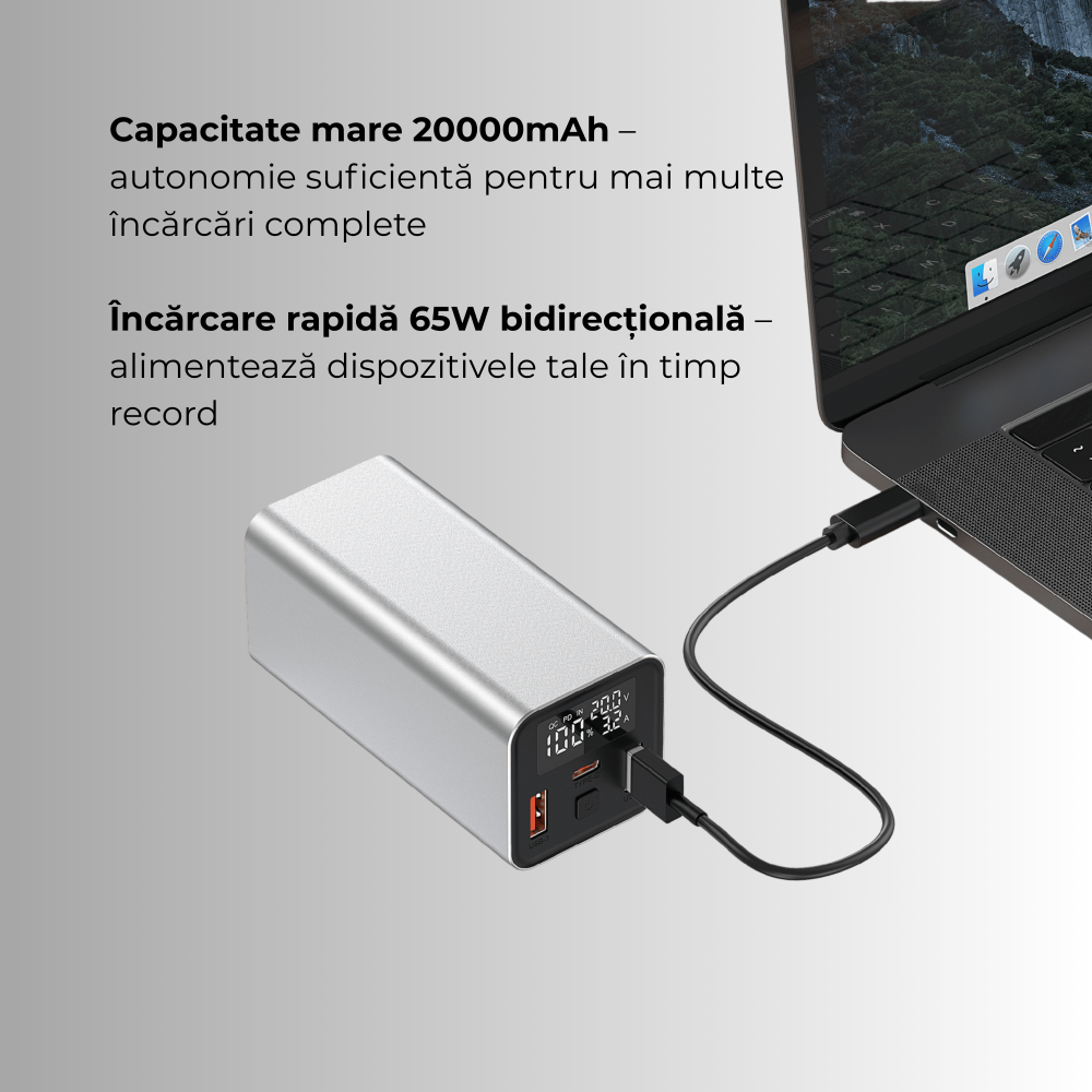 Baterie externa 20000mAh 65W laptop | USB-C & USB-A Negru [2]