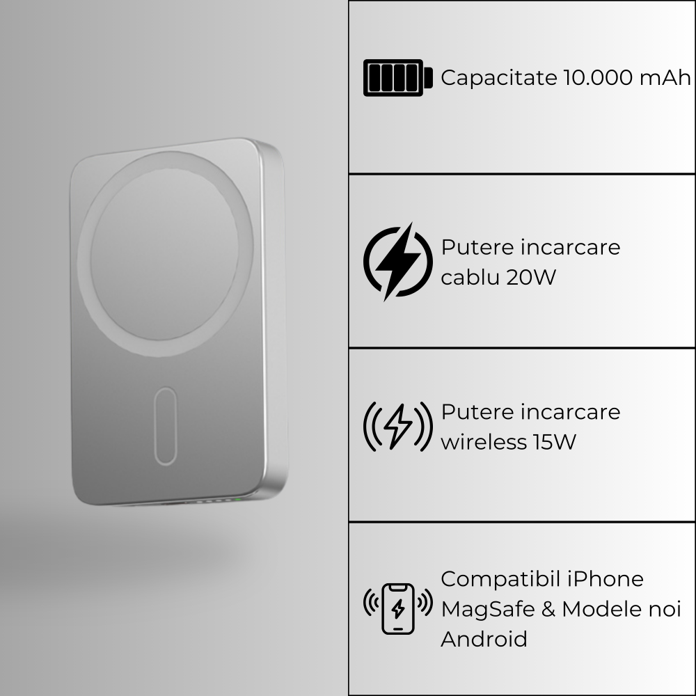 Baterie externă 5000mAh Incarcare Wireless 15W | Aluminiu Light Gray [2]