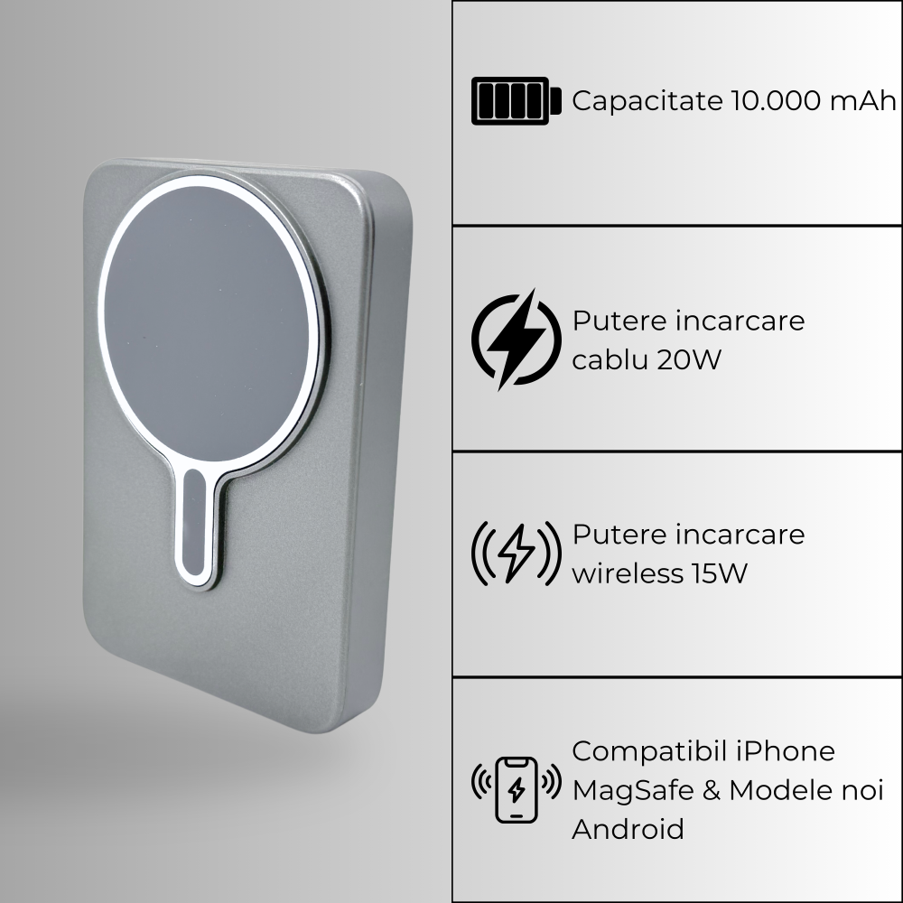 Baterie externă Super Slim 10000mAh Wireless 15W | Aluminiu Light Gray [2]