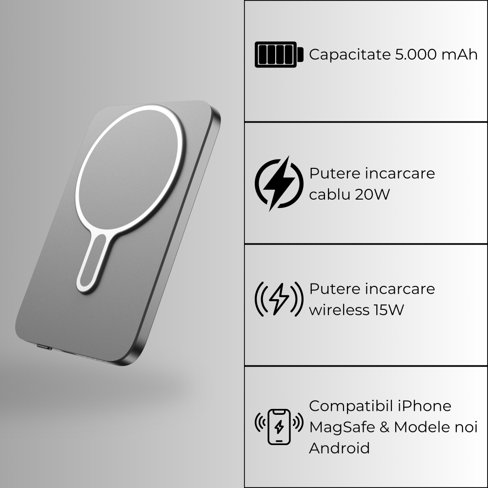 Baterie externă Super Slim 10000mAh Wireless 15W | Aluminiu Light Gray [2]