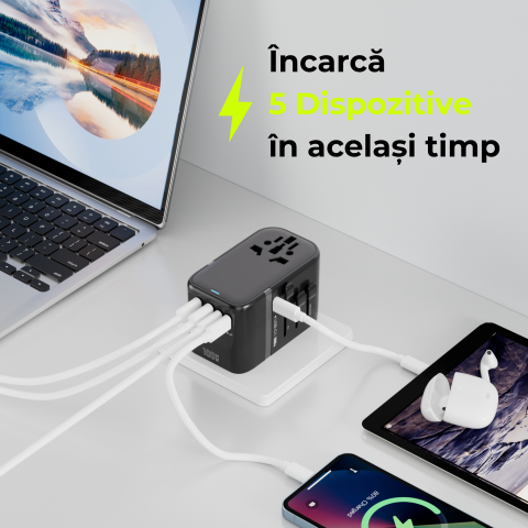 Adaptor universal calatorie 100W – 3x USB-C + 2x USB-A, Negru [2]