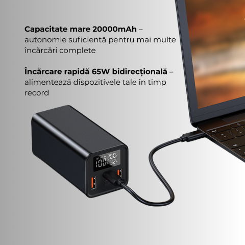 Baterie externa 20000mAh 65W laptop | USB-C & USB-A Negru [1]