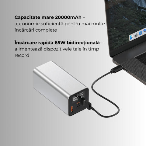 Baterie externa 20000mAh 65W laptop | USB-C & USB-A Negru [1]