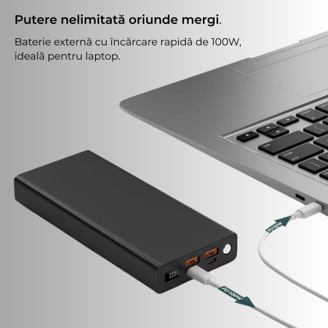 Baterie externa 30000mAh 100W laptop | 2x USB-C & 2x USB-A Negru [2]