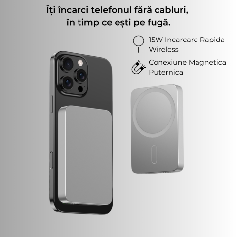 Baterie externă 5000mAh Incarcare Wireless 15W | Aluminiu Light Gray [2]