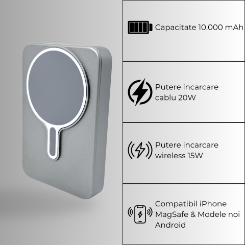 Baterie externă Super Slim 10000mAh Wireless 15W | Aluminiu Light Gray [1]