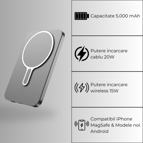 Baterie externă Super Slim 10000mAh Wireless 15W | Aluminiu Light Gray [1]