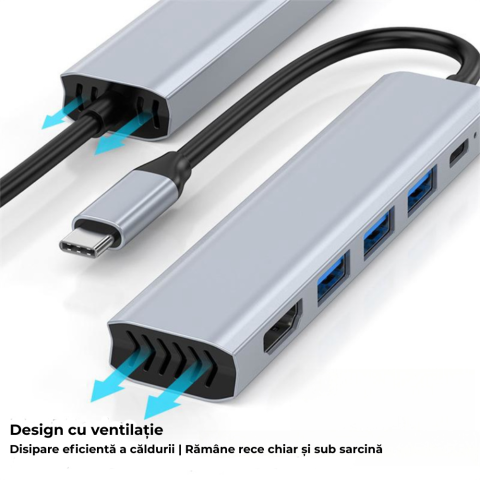 Hub USB-C 5-in-1, 3x USB-A, 1x USB-C, 1x HDMI 4K – Adaptor multiport, gri [4]