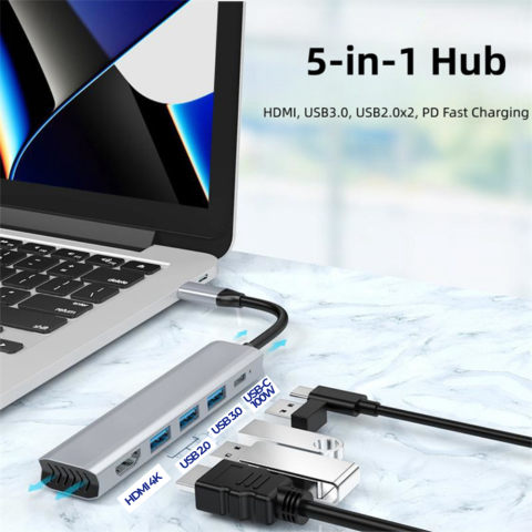 Hub USB-C 5-in-1, 3x USB-A, 1x USB-C, 1x HDMI 4K – Adaptor multiport, gri [1]