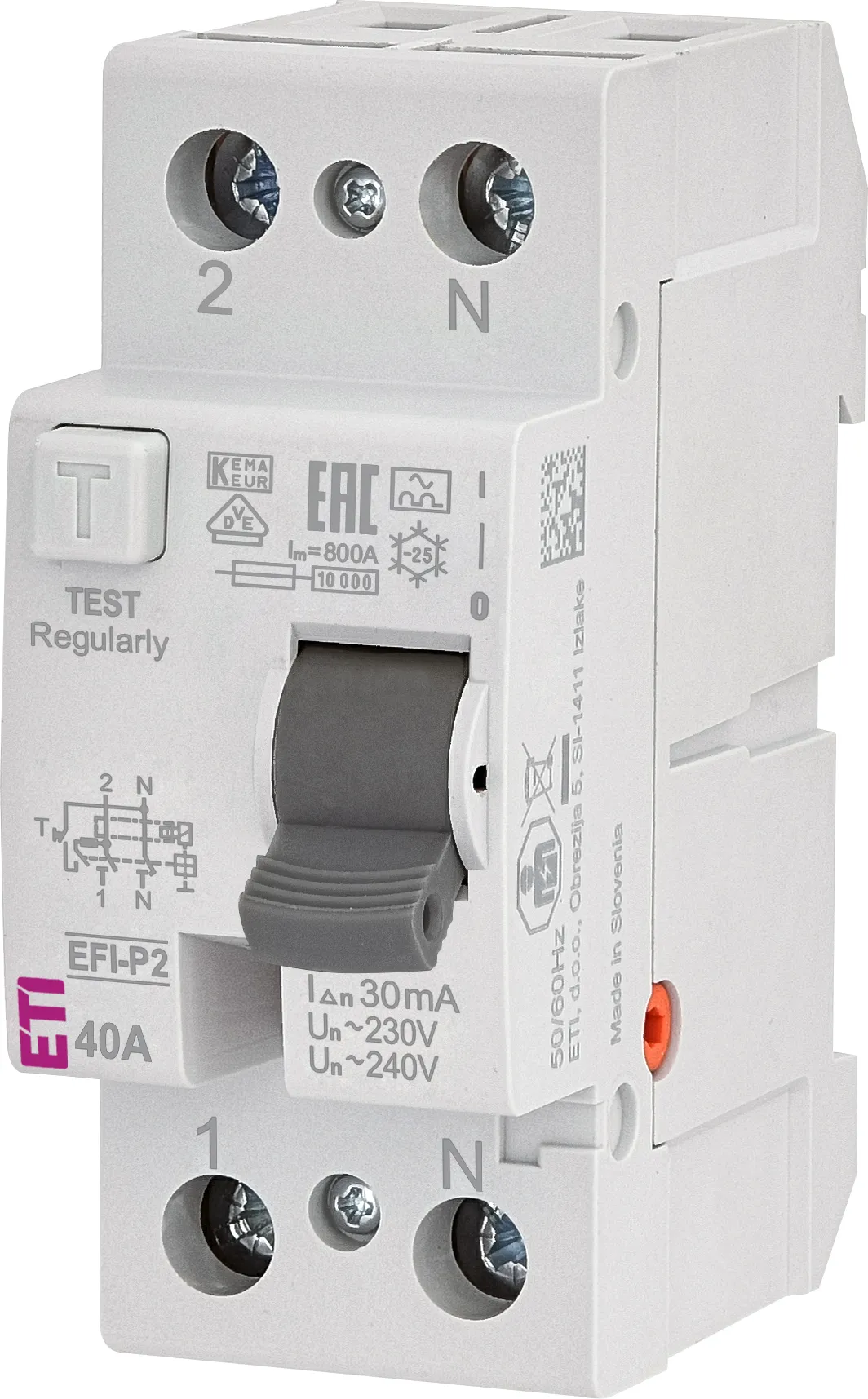 Protectie si comutatie - Intrerupator diferential RCCB, 40A, 30mA, tip A, 1+N, ETI