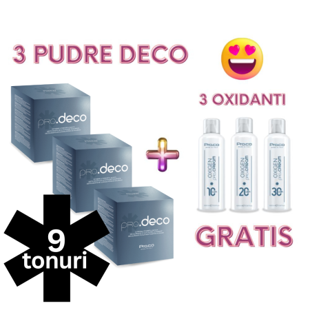 Promotii - Set 3 pudre decolorante 9 tonuri PROCO + 3 oxidanti GRATIS