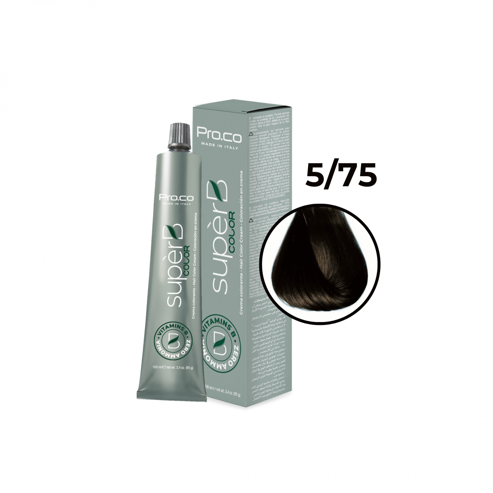 Vopsea semipermanenta profesionala - Vopsea de păr profesională fără amoniac SUPERB.COLOR 100 ml - Pro.Co - 5/75 CASTANIU DESCHIS CIOCOLATIU 