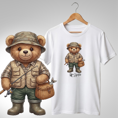 Vânătoare-Pescuit - Tricou cu ursuleț pescar – coș cu pește