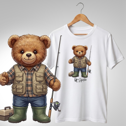 Vânătoare-Pescuit - Tricou cu ursuleț pescar – cu lansetă și cutie