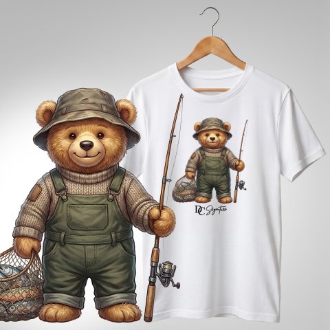 Vânătoare-Pescuit - Tricou cu ursuleț pescar – salopetă și captură