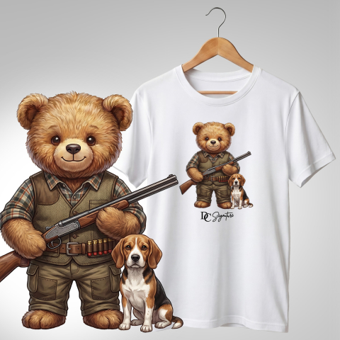 Vânătoare-Pescuit - Tricou cu ursuleț vânător și câine – scenă de teren