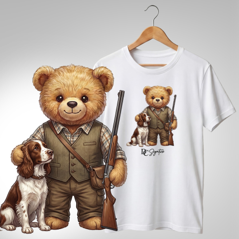 Vânătoare-Pescuit - Tricou cu ursuleț vânător și câine – stil de teren
