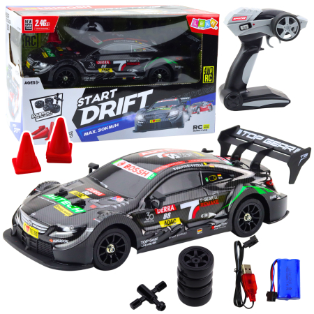 RC - Mașină RC Drift 1:16 30 km/h 7,4V, Telecomandă 2.4 GHz, LED – Negru Carbon