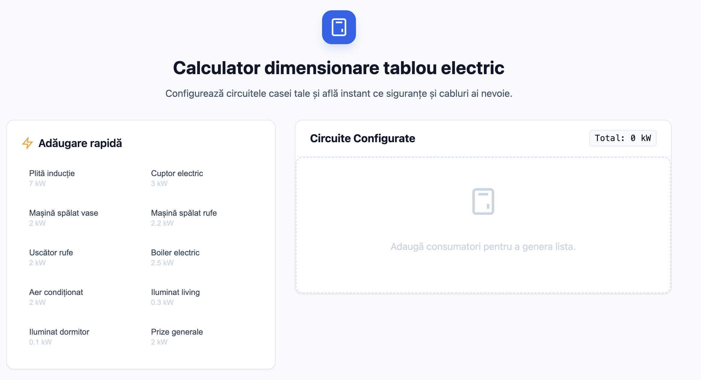 Calculator dimensionare Tablou Electric: Configureaza circuitele si sigurantele casei tale