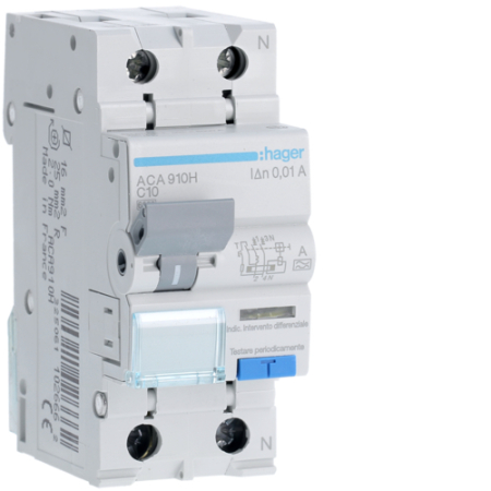 Sigurante si Protectii Diferentiale (RCCB / RCBO) - Disjunctor diferential RCBO 1P+N, 10A/10mA, curba C, tip A, ACA910H