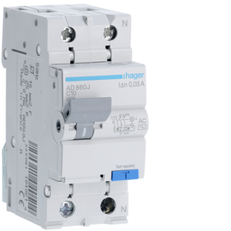 Sigurante si Protectii Diferentiale (RCCB / RCBO) - Disjunctor diferential RCBO P+N 10A/30mA, C, 4,5kA, tip AC, AD860J