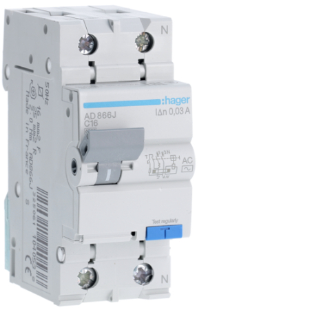 Sigurante si Protectii Diferentiale (RCCB / RCBO) - Disjunctor diferential RCBO P+N 16A/30mA, C, 4,5kA, tip AC, AD866J