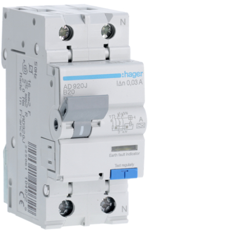Sigurante si Protectii Diferentiale (RCCB / RCBO) - Disjunctor diferential RCBO P+N 20A/30mA, B, 6kA, tip A, AD920J