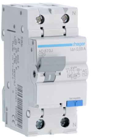 Sigurante si Protectii Diferentiale (RCCB / RCBO) - Disjunctor diferential RCBO P+N 20A/30mA, C, 4,5kA, tip AC, AD870J