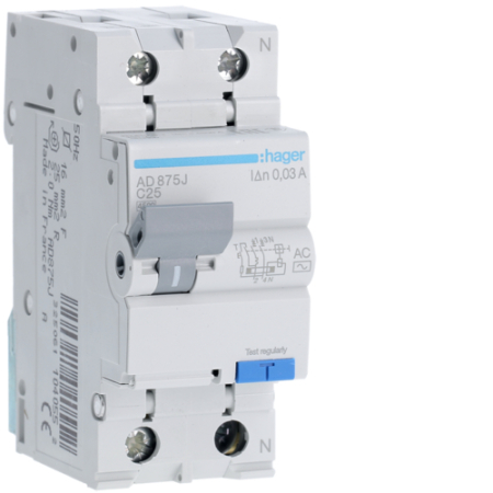 Sigurante si Protectii Diferentiale (RCCB / RCBO) - Disjunctor diferential RCBO P+N 25A/30mA, C, 4,5kA, tip AC, AD875J