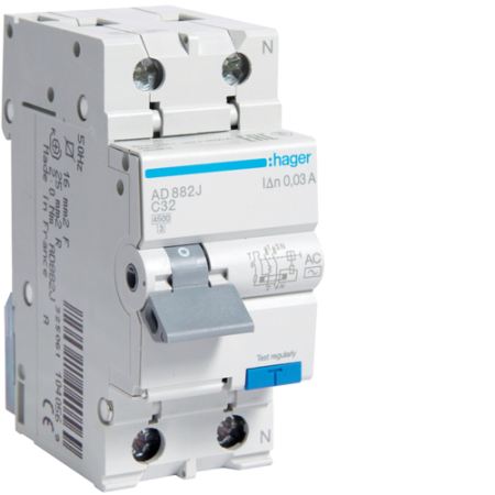 Sigurante si Protectii Diferentiale (RCCB / RCBO) - Disjunctor diferential RCBO P+N 32A-30mA, C, 4,5kA, tip AC, AD882J