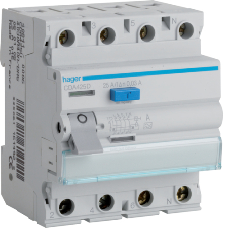 Sigurante si Protectii Diferentiale (RCCB / RCBO) - Intrerupator diferential RCCB 4P, 25A/30mA, 4.5kA, tip A, CDA425D