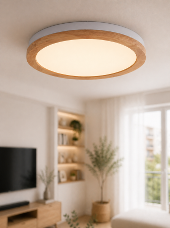 Corpuri de Iluminat Interior - Plafoniera LED Roundwood, 36W, 2700lm, alb & lemn natur, 390mm - pentru dormitor și hol