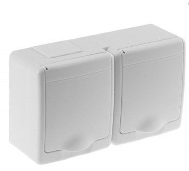 Aparataj de Exterior si Zone Tehnice - Priza dubla aplicata cu capac, alb, mat, 16A, 250V, IP44