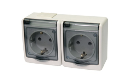 Aparataj de Exterior si Zone Tehnice - Priza dubla aplicata pentru exterior cu capac transparent, IP44, gri