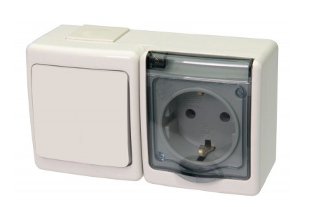 Aparataj de Exterior si Zone Tehnice - Priza simpla aplicata cu capac transparent si intrerupator, alb, IP44