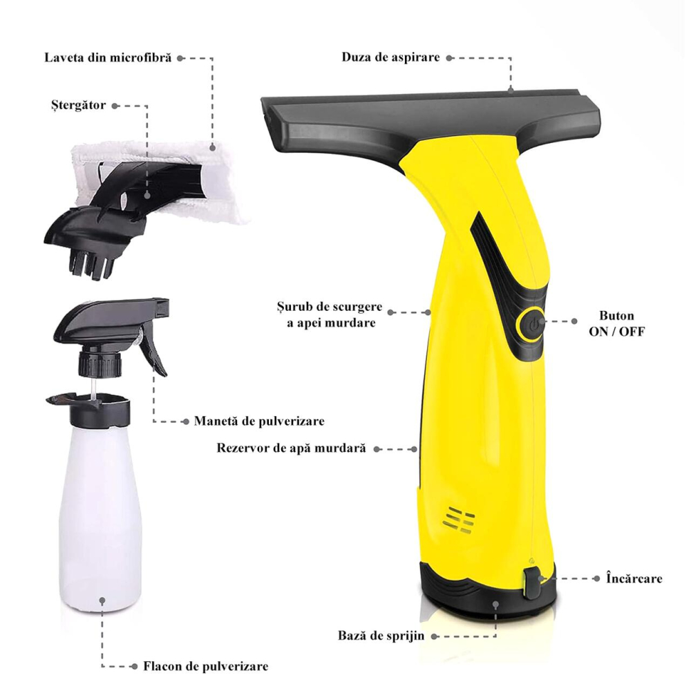 Aspirator de geamuri si oglinzi, electric, stergator fara fir cu acumulator 200 mAh, 280 ml, laveta microfibra [8]