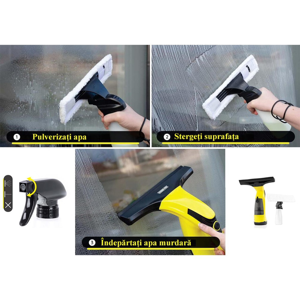 Aspirator de geamuri si oglinzi, electric, stergator fara fir cu acumulator 200 mAh, 280 ml, laveta microfibra [5]