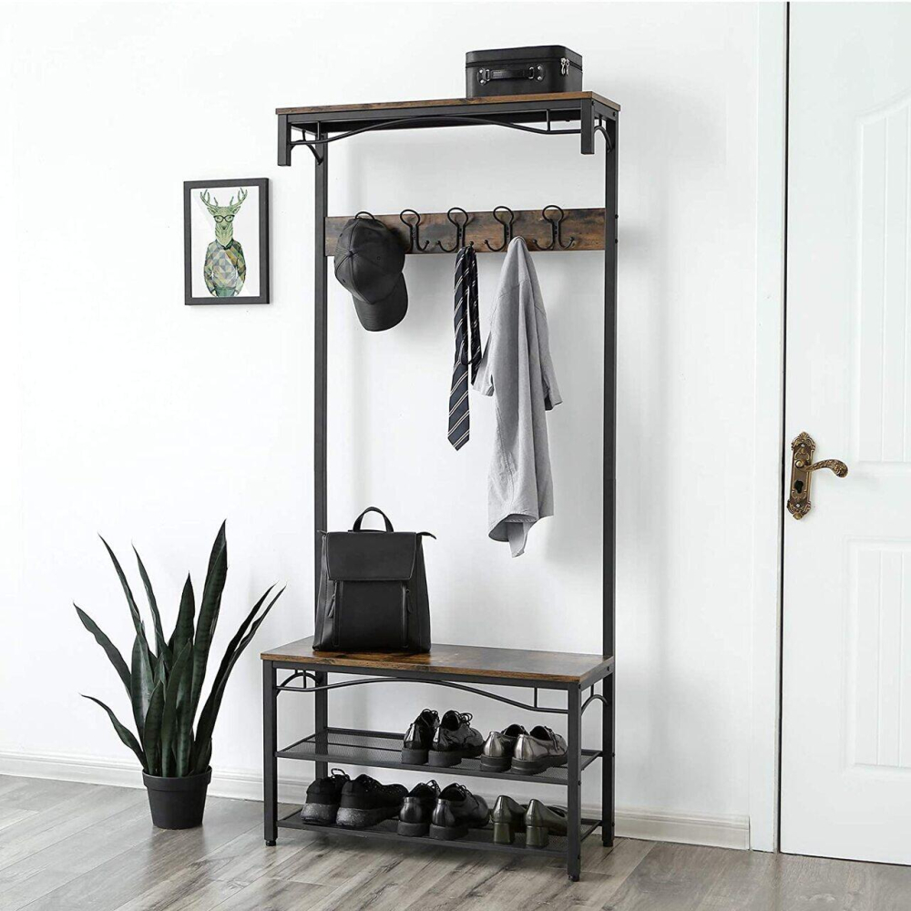Cuier cu 2 rafturi pentru incaltaminte, Vasagle, banca, pal si metal, negru, 80x30x178.5 cm [4]