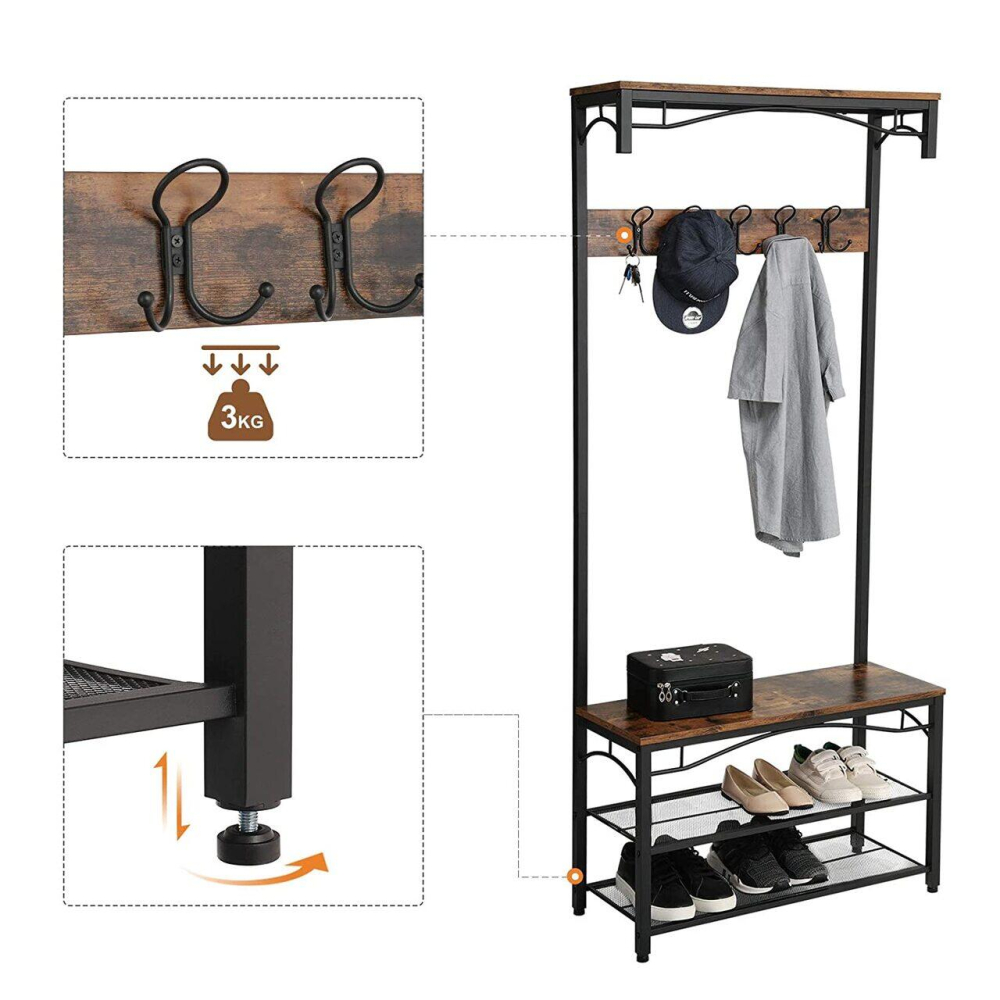 Cuier cu 2 rafturi pentru incaltaminte, Vasagle, banca, pal si metal, negru, 80x30x178.5 cm [6]