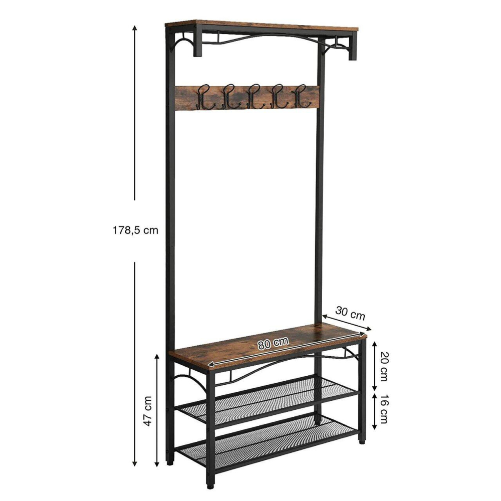 Cuier cu 2 rafturi pentru incaltaminte, Vasagle, banca, pal si metal, negru, 80x30x178.5 cm [7]