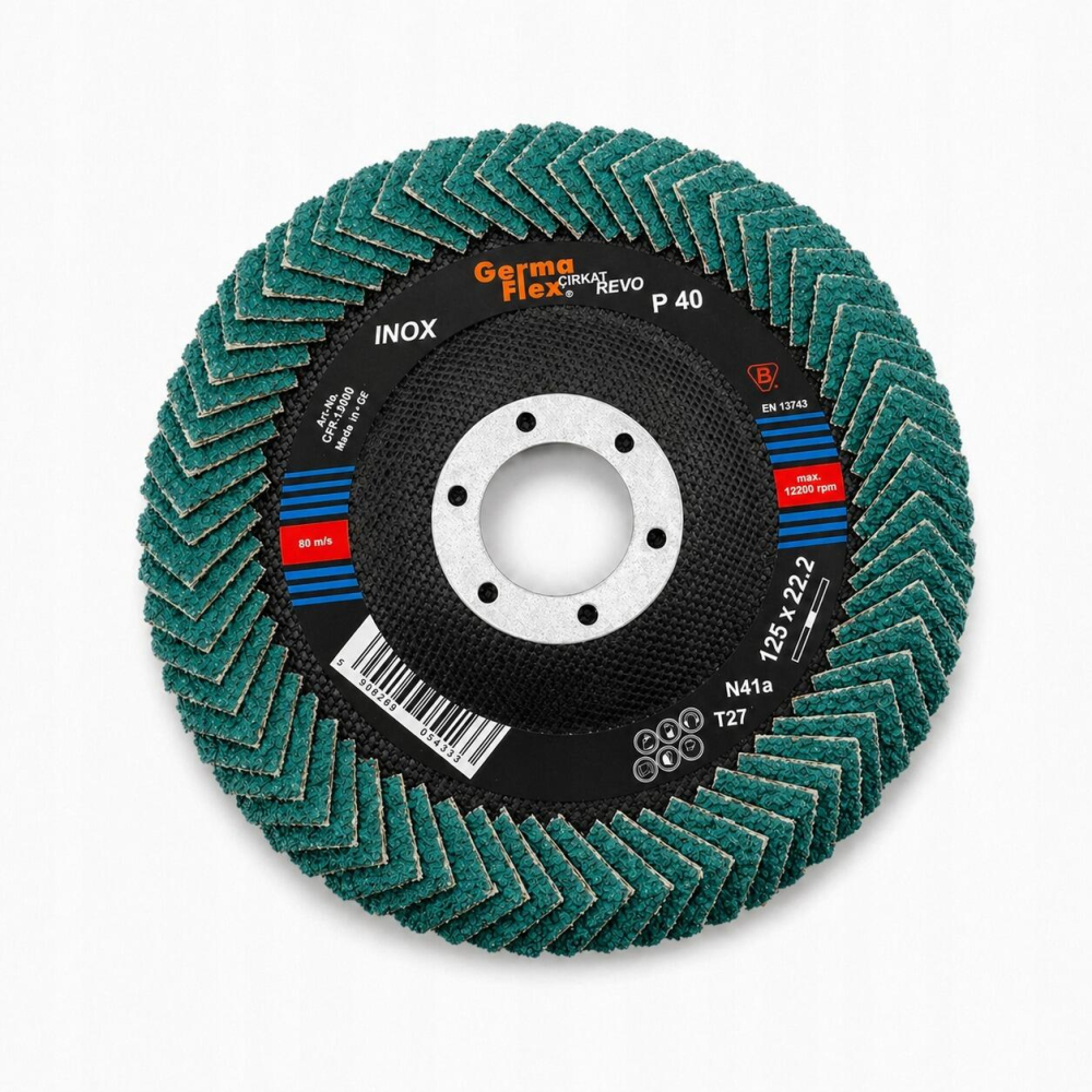 Disc lamelar cu lamele rotunjite peste margine pentru slefuirea sudurilor de colt si a zonelor greu accesibile, 125 mm, granulatie P40, inox, Germaflex [5]