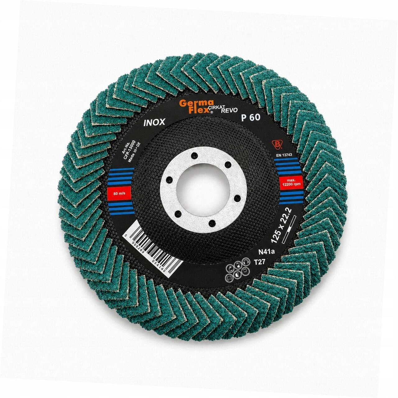 Disc lamelar cu lamele rotunjite peste margine pentru slefuirea sudurilor de colt si a zonelor greu accesibile, 125 mm, granulatie P60, inox, Germaflex [4]