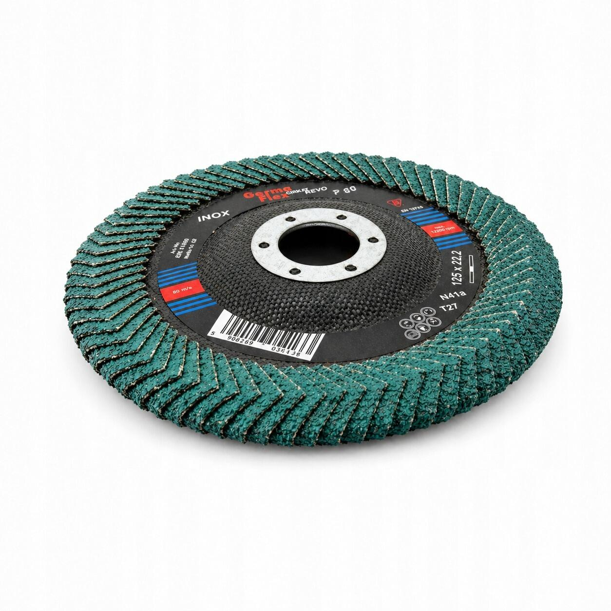 Disc lamelar cu lamele rotunjite peste margine pentru slefuirea sudurilor de colt si a zonelor greu accesibile, 125 mm, granulatie P80, inox, Germaflex [2]