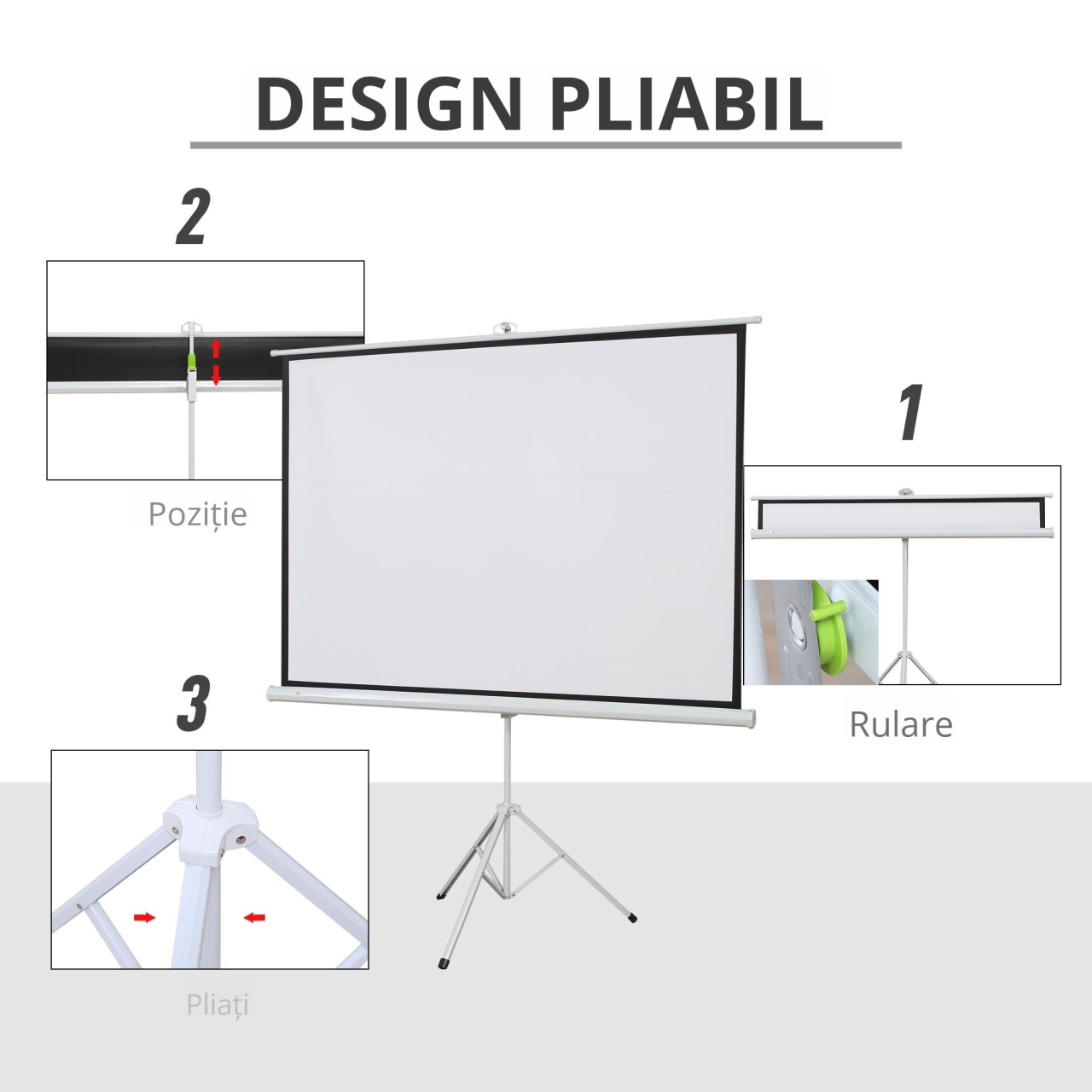 Ecran de Proiecție 84 inch cu Stativ, Suprafață de Proiecție 4:3, Pliabil și Reglabil pe Înălțime, 171x128 cm, Alb [4]