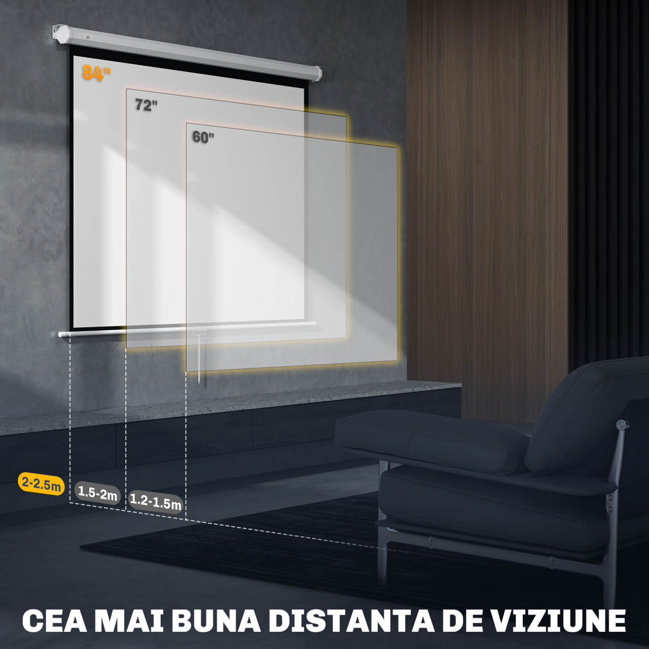 Ecran Proiector 84" Format 4:3, Unghi de Vizualizare 160° și Montare pe Tavan sau Perete [6]