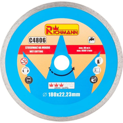 Discuri diamantate - Disc diamantat continuu, placi ceramice, taiere umeda, 180 mm/22.23 mm, Richmann