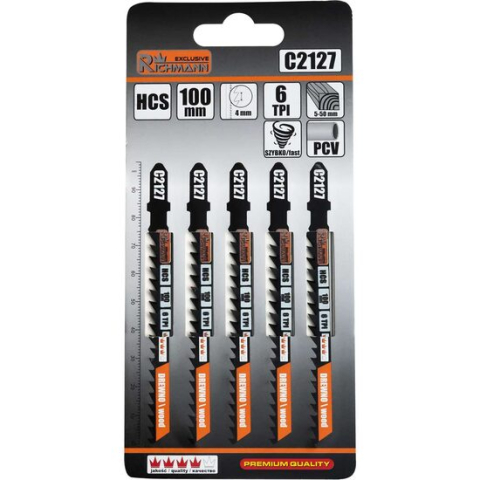 Accesorii fierastraie electrice - Panza, lama, fierastrau pendular, pentru lemn, HCS, prindere tip T, 6 TPI, taiere rapida, set 5 buc, 100 mm, Richmann Exclusive