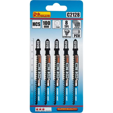 Accesorii fierastraie electrice - Panza, lama, fierastrau pendular, pentru lemn, HCS, prindere tip T, 8 TPI, taiere rapida, set 5 buc, 100 mm, Richmann