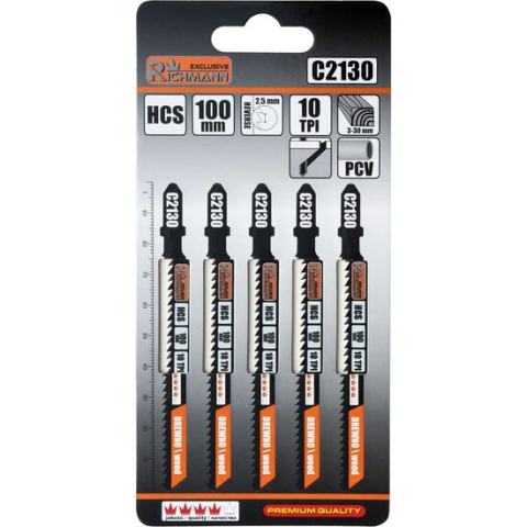 Accesorii fierastraie electrice - Panza, lama, fierastrau pendular, pentru lemn, HCS, prindere tip T, dinti orientati invers, 10 TPI, set 5 buc, 100 mm, Richmann Exclusive